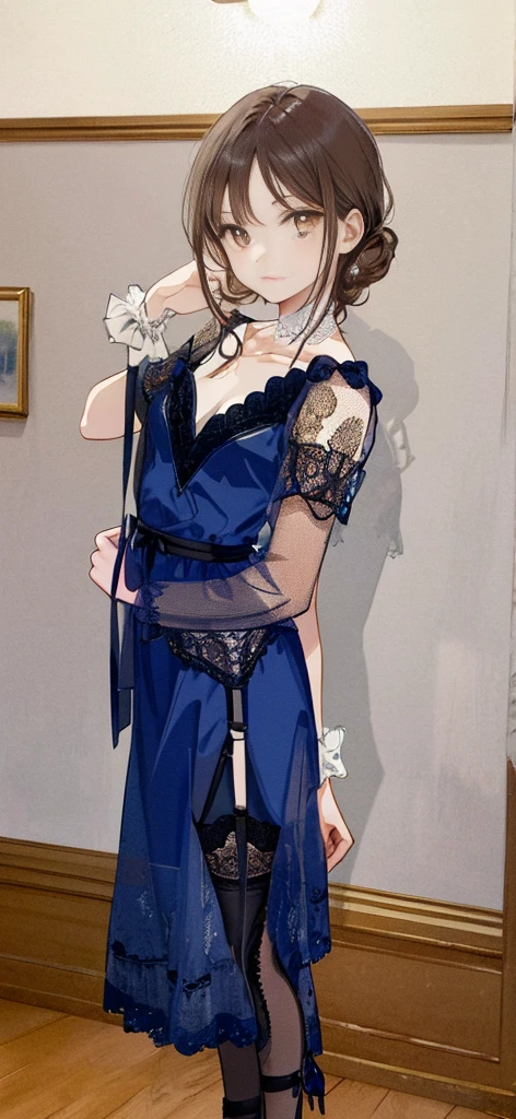 ((masterpiece)), ((best quality)), ((ultra detailed)), ((kawaii)), cute, (lovely), ((extremely detailed)), ((8K)), (beautiful), full body, luxury room, a cute girl, 1girl, solo, blue mini camisole dress,beautiful darkbrown hair, ((detailed beautiful brown eyes)), white-skinned, flat breast, tiny breast, garter belt,(garter stockings:1.4),pink eyeshadow,(standing:1.4),full body