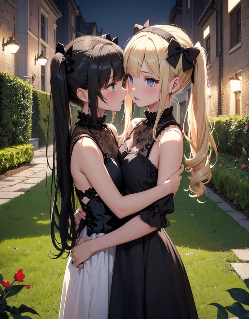 （8K，RAW photos， Best quality， Two girls hugging，A blonde, blue eyes, There are two braids and two black bows, Wearing a long black evening gown, And another dark-haired person, Black eyes and red evening gown, Evening in the middle of the garden