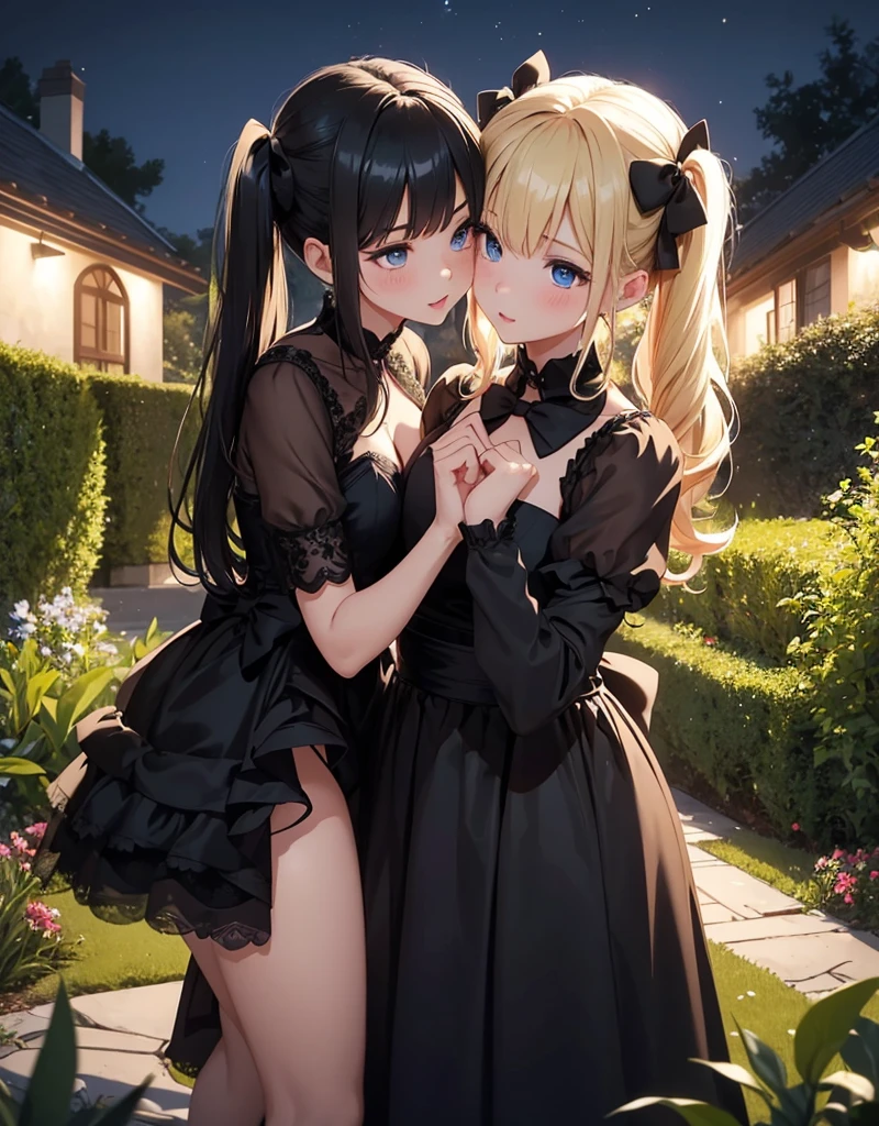 Two girls kissing, one with blonde hair, blue eyes, with two pigtails and two black bows in them, wearing a long black gala dress, with another one with black hair, black eyes and a red gala dress, in the middle of a garden at night