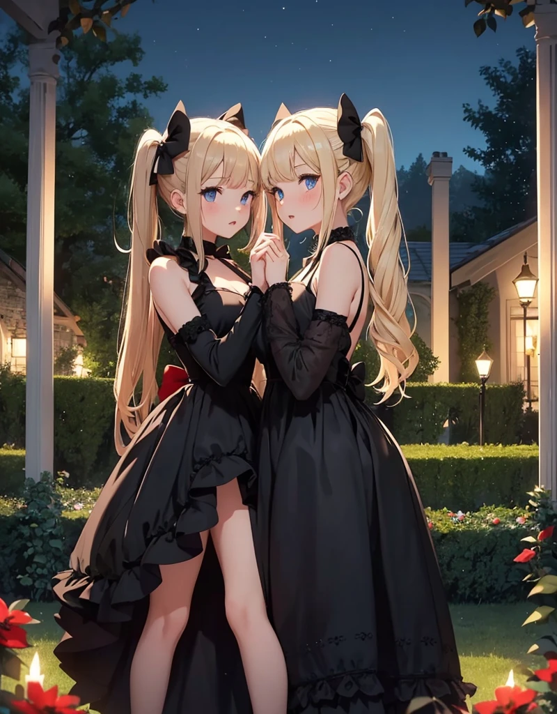 Two girls kissing, one with blonde hair, blue eyes, with two pigtails and two black bows in them, wearing a long black gala dress, with another one with black hair, black eyes and a red gala dress, in the middle of a garden at night