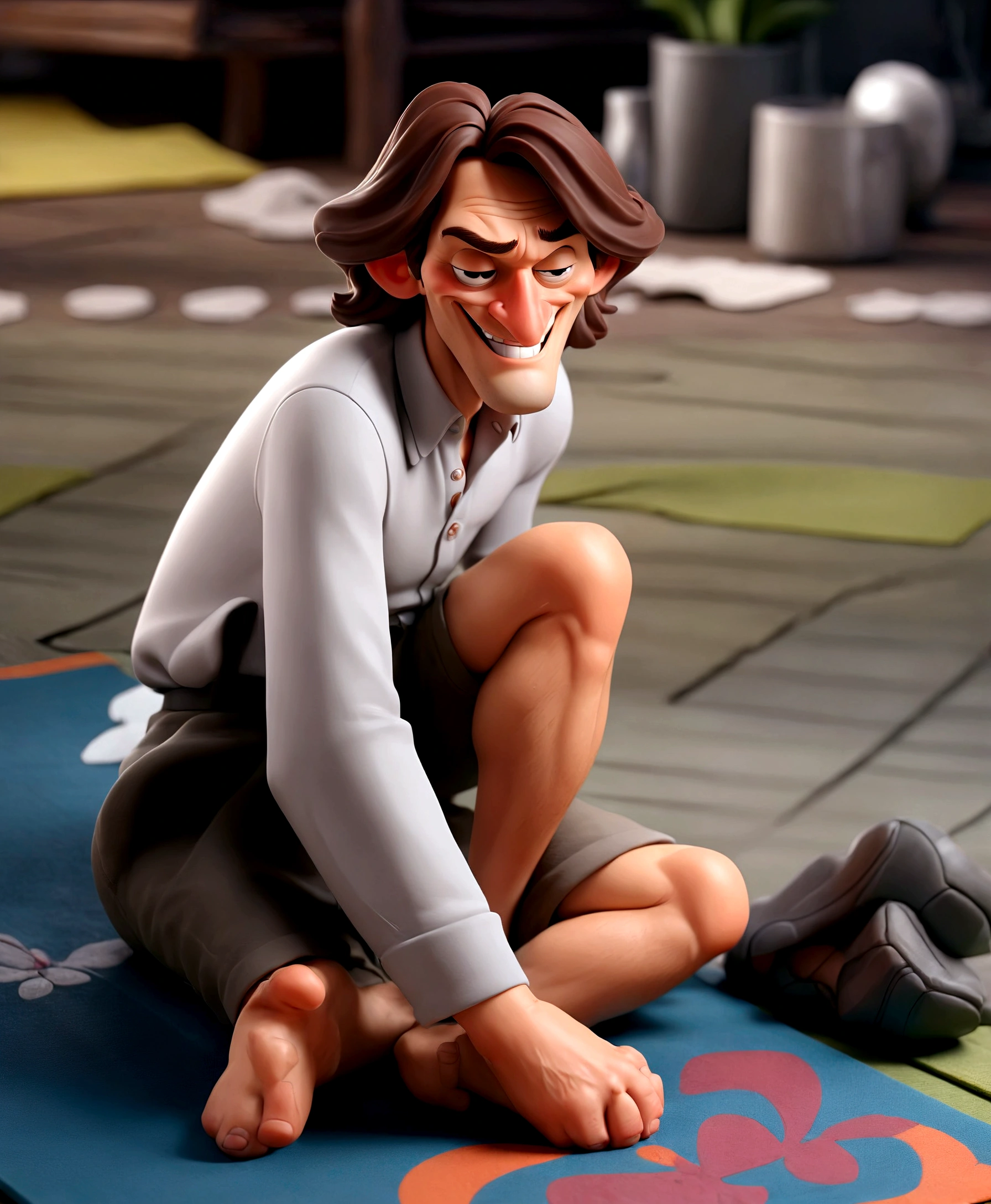 Realistic 3D caricature. A man with shoulder length hair with a thin smile wearing a long gray shirt with shorts is sitting on a mat in his right hand while holding his toes. Photo with very good detail