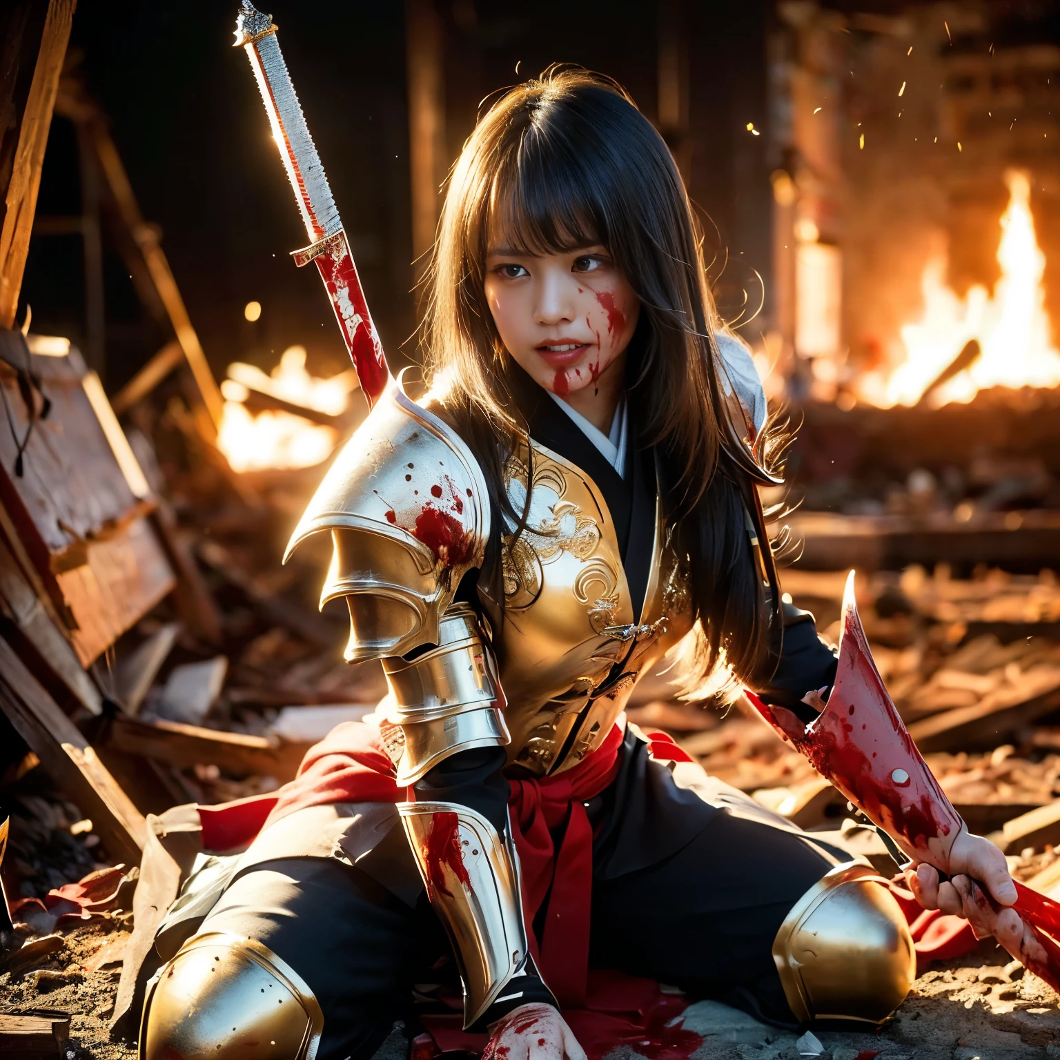 (((high-detail, ​masterpiece, Attention to detail, crisp detail, sharp image, high definition image, 8k, realistic, beautiful, full body photograph))), perfect studio lightning, 18 years old, delightful face,  ideal body, virgin, long smooth straight hair, tied behind, large breast, wearing japan heavy armor, full decorated armor, full body armor, japan style armor, blood scattered armor, swinging blood scattered sword, samurai pose, sweating, blood stained face, bloodbath, fire everywhere, blood everywhere, death everywhere, epic battle, death battle background, battleground, carnage, war zone, warpath, japan edo period,