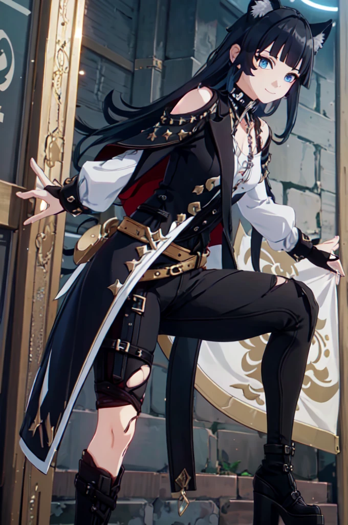 ultra detailed, masterpiece, best quality, solo, 1girl, blue eyes, (tsurime:1.2), blunt bangs, black hair, long hair, straight hair, shoulder-length hair, female focus, coat, shirt, pants, studded belt, multiple belts, combat boots, torn clothes, necklace, black cape, black and blue theme, popped up collar, puppy ears, dog tail, curled tail, smile