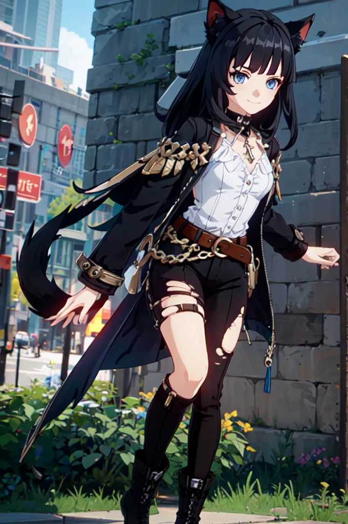 ultra detailed, masterpiece, best quality, solo, 1girl, blue eyes, (tsurime:1.2), blunt bangs, black hair, long hair, straight hair, shoulder-length hair, female focus, coat, shirt, pants, studded belt, multiple belts, combat boots, torn clothes, necklace, black cape, black and blue theme, popped up collar, puppy ears, dog tail, curled tail, smile