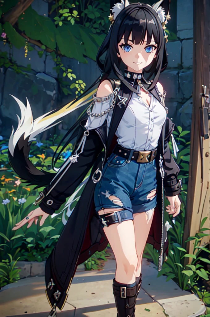 ultra detailed, masterpiece, best quality, solo, 1girl, blue eyes, (tsurime:1.2), blunt bangs, black hair, long hair, straight hair, shoulder-length hair, female focus, coat, shirt, pants, studded belt, multiple belts, combat boots, torn clothes, necklace, black cape, black and blue theme, popped up collar, puppy ears, dog tail, curled tail, smile