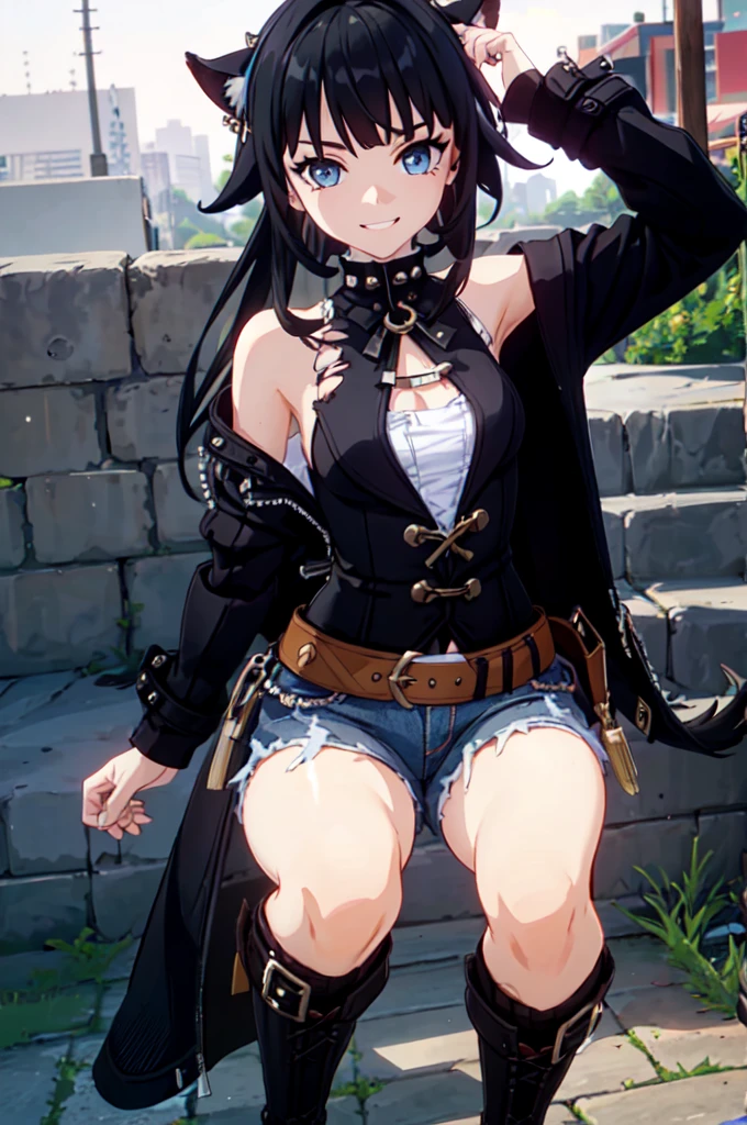 ultra detailed, masterpiece, best quality, solo, 1girl, blue eyes, (tsurime:1.2), blunt bangs, black hair, long hair, straight hair, shoulder-length hair, female focus, coat, shirt, pants, studded belt, multiple belts, combat boots, torn clothes, necklace, black cape, black and blue theme, popped up collar, puppy ears, dog tail, curled tail, smile