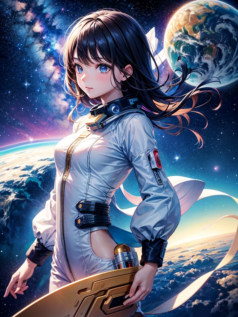 Highest quality,Highest Resolution,A beautiful girl from the future flying in space,Earth in the background,Milky Way,