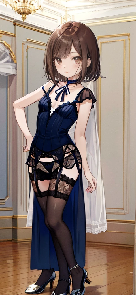 ((masterpiece)), ((best quality)), ((ultra detailed)), ((kawaii)), cute, (lovely), ((extremely detailed)), ((8K)), (beautiful), full body, luxury room, a cute girl, 1girl, solo, blue mini camisole dress,beautiful darkbrown hair, ((detailed beautiful brown eyes)), white-skinned, flat breast, tiny breast, garter belt,(garter stockings:1.4),pink eyeshadow,(standing:1.4),full body