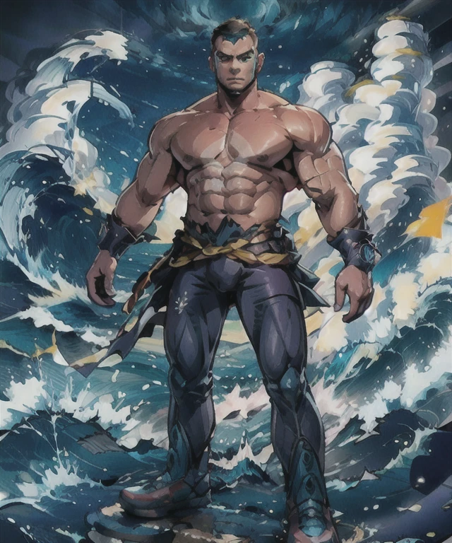 aqua_admin_matt, standing, looking at viewer,rugged body,wide arms,wide shoulders,wide chest,wide legs,wide feet,power body, mountain,sea,waves,((nude))