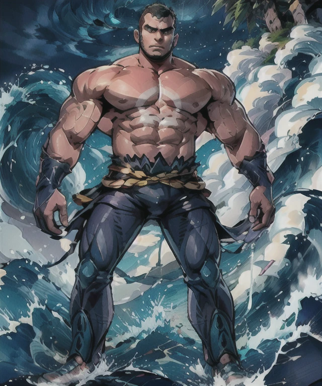 aqua_admin_matt, standing, looking at viewer,rugged body,wide arms,wide shoulders,wide chest,wide legs,wide feet,power body, mountain,sea,waves,((nude))