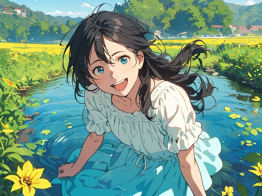 Reasonable design, Clear lines, High Sharpness, (Highest quality,8K,Perfect sharpness,Ultra fine,High resolution,masterpiece:1.2), Perfect Anatomy:1.5, Official Art, Illustrations that tell a story, (Whitish background:0. 9)、Body Positivity、多Mr.な身体表現、(Random and energetic poses)、Perfect beauty、Perfect beautiful face、Strong winds、A rich expression、Dynamic composition、smile、Golden ratio composition、colorful、((Mr.々Different angles and perspectives))、Anime Art、(Mini dress)、(Overcoming stereotypes)、 Glowing Skin、(Natural beauty)、smile、Bangs、(Soft and flowing hair)、(countryside)、(Nostalgic atmosphere)、Put up to your feet、(Playful and carefree)、(多Mr.な民族のキャラクター)、(innocent attitude)、(Sunny atmosphere)、(The skirt flutters wildly in the wind)、(Bright colors)、Beautiful Eyes、(Embarrassing)、Braided Hair、Summer Scene、Smiling among flowers、Angle from above、