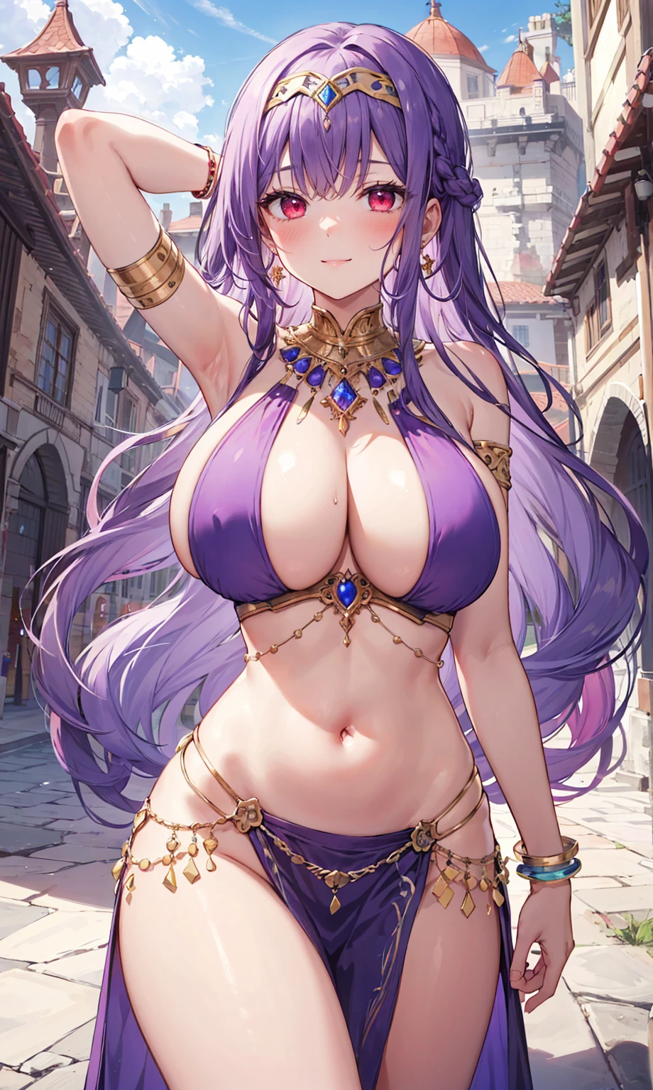 high quality, ultra detailed, best quality, insanely detailed, beautiful, masterpiece, 1girl, medieval plaza, cowboy shot, red eyes, long hair, purple hair, belly dancer, circlet, earrings, armlets, bracelets, bashful smile, large breasts, cleavage, soft stomach