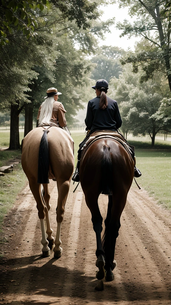 The bell-wearing horse looking back to check on the blind horse, ensuring it stays on the right path while walking together."