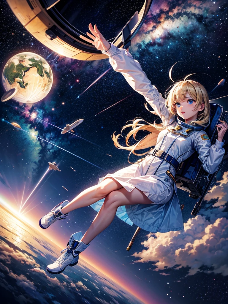 Highest quality,Highest Resolution,A beautiful android girl flying in space,Earth in the background,Milky Way,