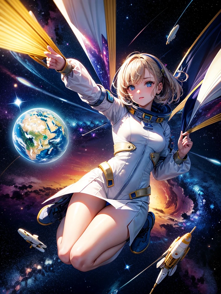 Highest quality,Highest Resolution,A beautiful android girl flying in space,Earth in the background,Milky Way,