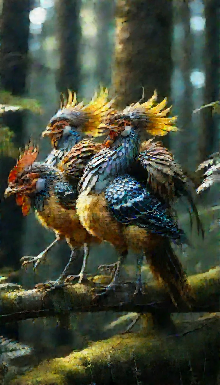 There is a bird in the forest,Same body as a chicken,But it has three heads,Six legs,With three wings,Mysterious Creatures, shrike, (best quality,4K,8K,High level,masterpiece:1.2),Ultra Detailed,(lifelike,Photo real,Photo real:1.37),Highly detailed animals,Complex patterns,Dramatic lighting,Fantasy Creatures