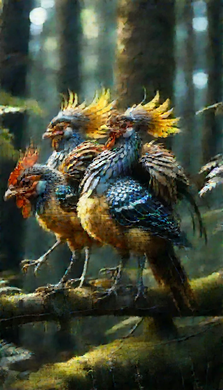 There is a bird in the forest,Same body as a chicken,But it has three heads,Six legs,With three wings,Mysterious Creatures, shrike, (best quality,4K,8K,High level,masterpiece:1.2),Ultra Detailed,(lifelike,Photo real,Photo real:1.37),Highly detailed animals,Complex patterns,Dramatic lighting,Fantasy Creatures