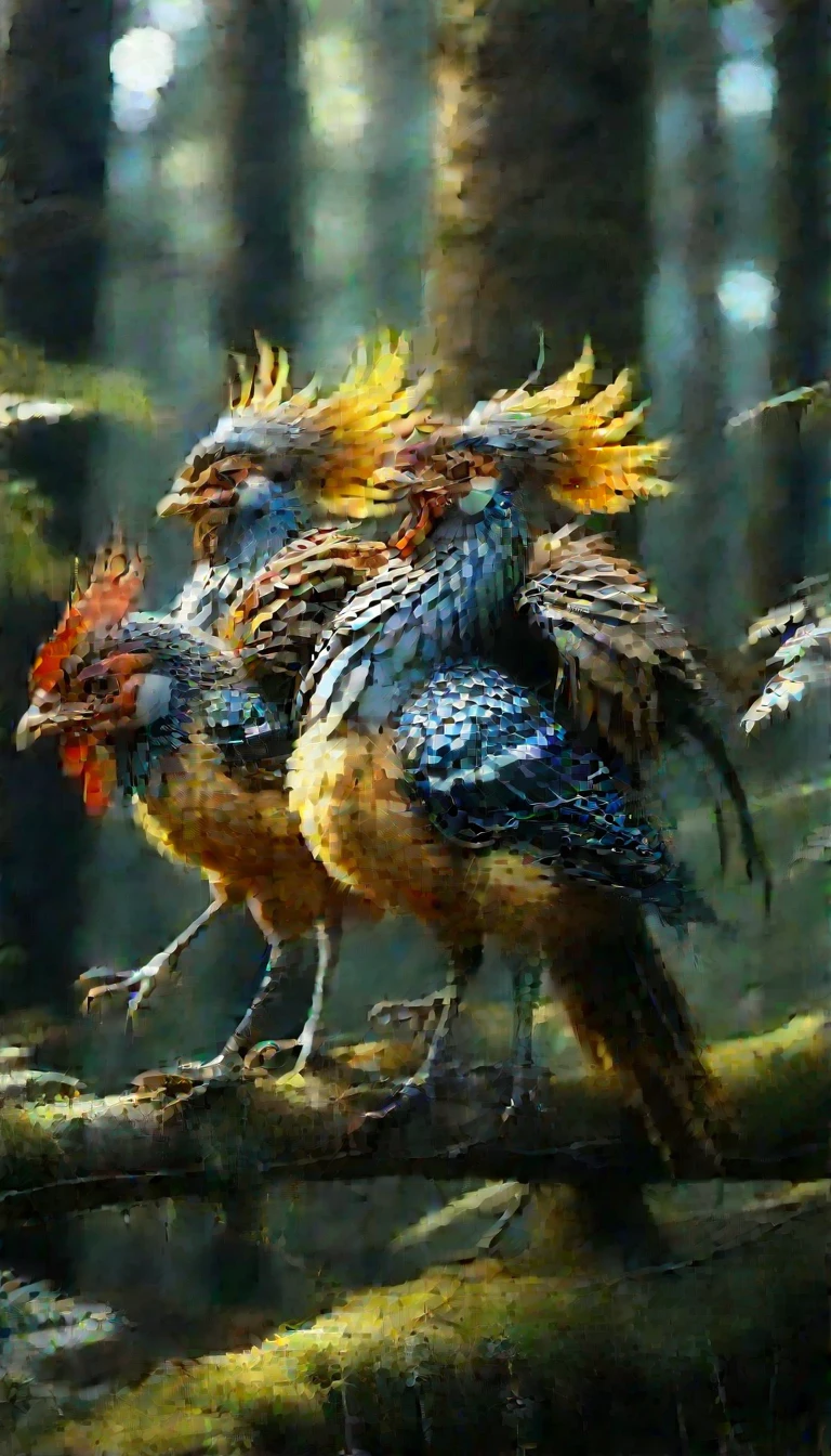 There is a bird in the forest,Same body as a chicken,But it has three heads,Six legs,With three wings,Mysterious Creatures, shrike, (best quality,4K,8K,High level,masterpiece:1.2),Ultra Detailed,(lifelike,Photo real,Photo real:1.37),Highly detailed animals,Complex patterns,Dramatic lighting,Fantasy Creatures