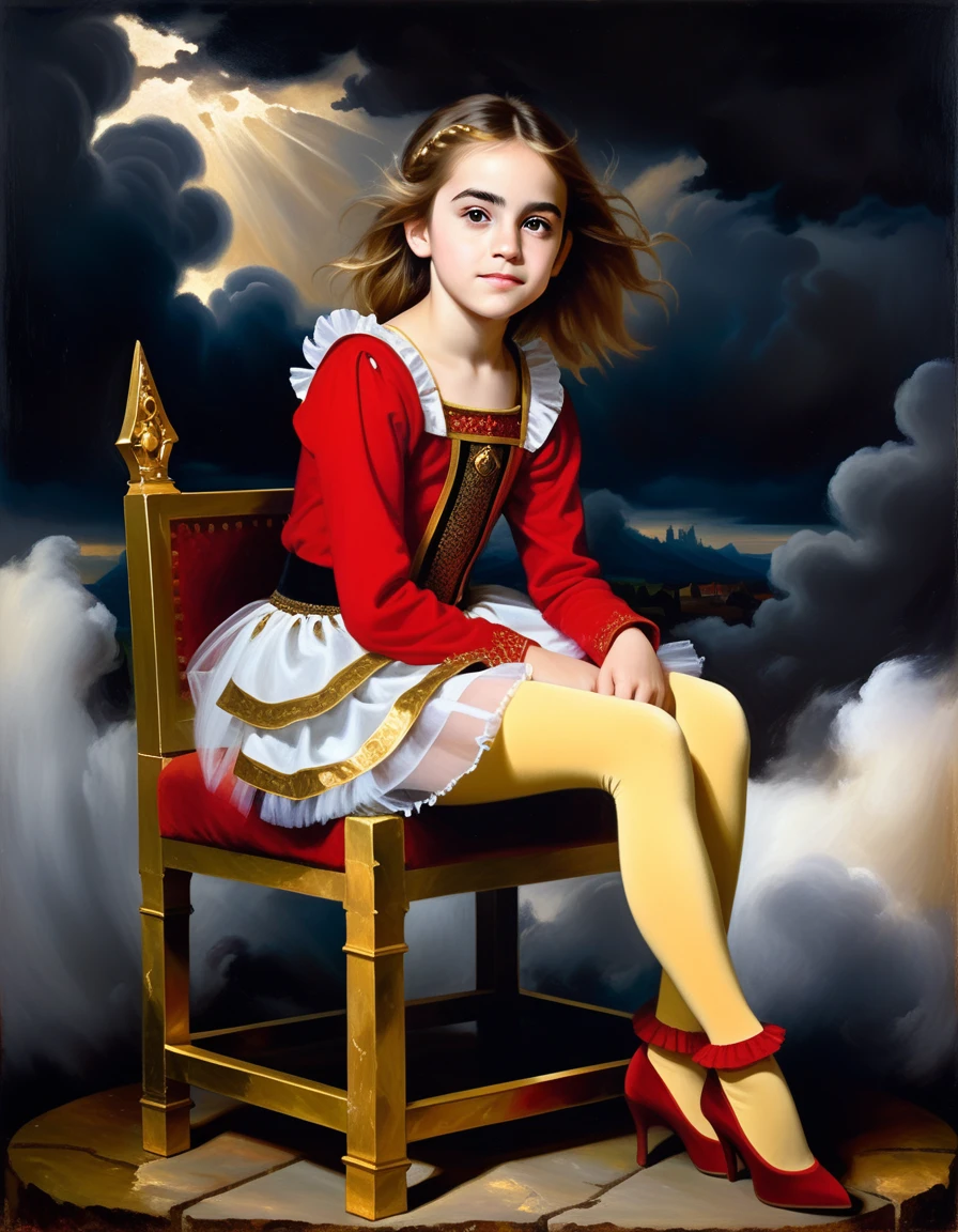 charming young cute girl looks enthusiastically (sitting half-sideways on a tron of power), in a red shirt and tights with a tulle frill, Averts his eyes, dark clouds, 15 century,(Bruno Di Maio style)), The dark Renaissance, (fog, very scuffing), ((palette/oil painting palette knife)), ((masterpiece)), single shot, impression:1.2, extreme detail, perspective:1.33, 8k