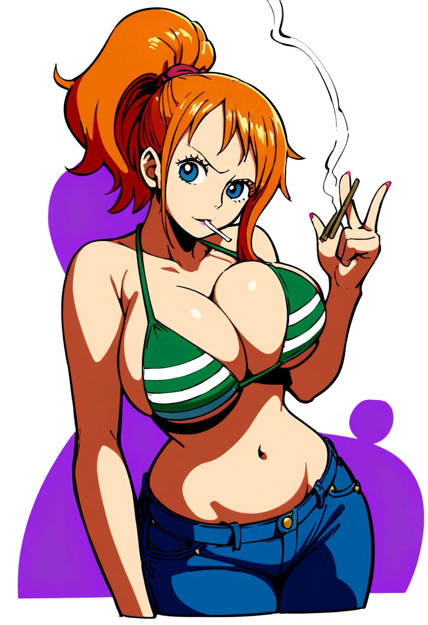 a cartoon picture of a woman in a bikini top and jeans, nami one piece, nami from one piece, nami, beautiful portrait of nami, from one piece, oppai, blue eyes, smoking, ponytail