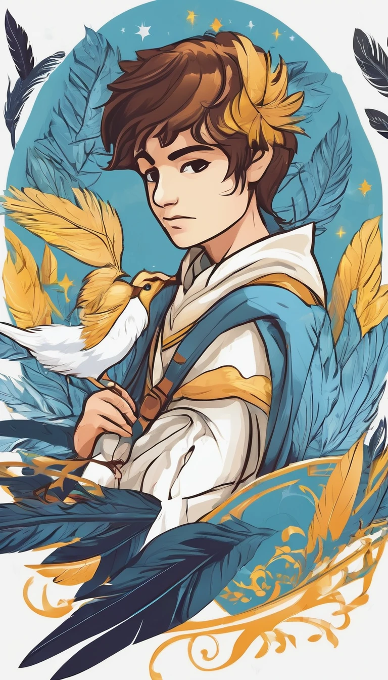 Create a minimalistic, simple, fantastic, easy to understand, logo design of a boy and a feather for an upcoming Fantasy Role Playing Game called " Penamemoria". The game is about a world full of bird and feathers. A boy enters that world and discovers his true artistic identity. Create a logo design that transmits the essence of this videogame. It´s a fantasy game, with fantasy elements. Create the logo in the center and a fantasy theme as background. Use the colours light blue, white, yellow golden in the logo. The logo design must convey a sense of fantasy, dreams, memories and music. Must convey a feeling of being a true Dreamer