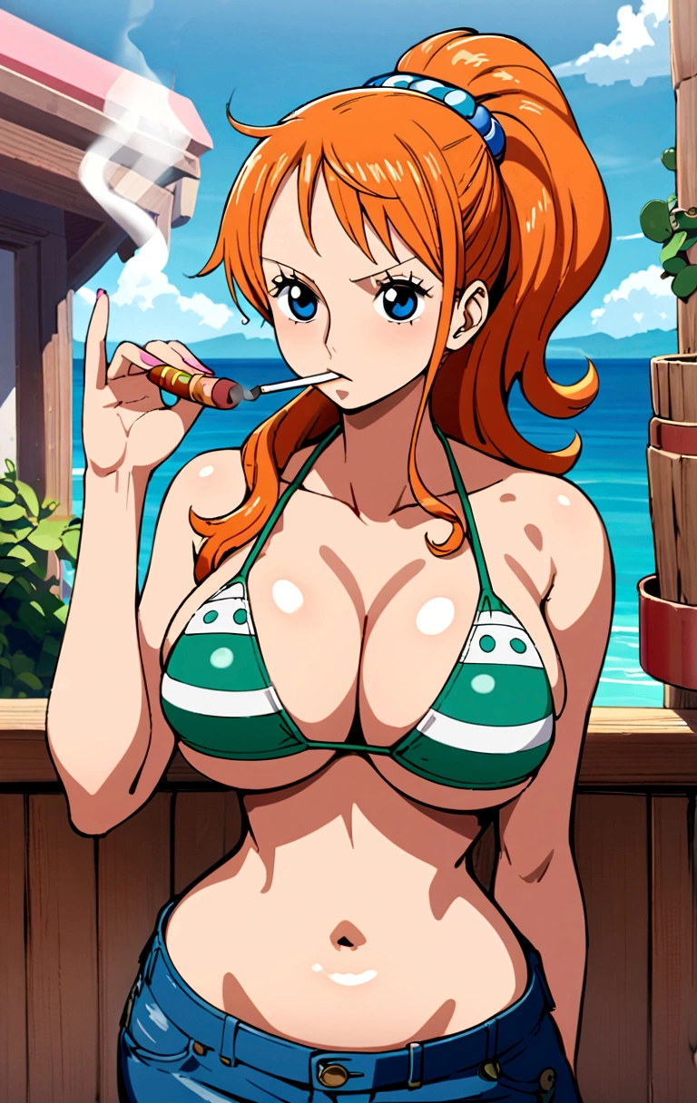 a cartoon picture of a woman in a bikini top and jeans, nami one piece, nami from one piece, nami, beautiful portrait of nami, from one piece, oppai, blue eyes, smoking, ponytail