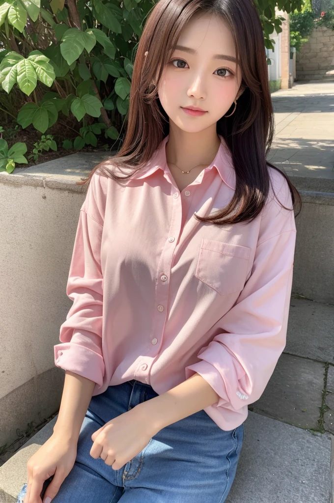 ((Highest quality))、Beauty、Pink shirt completely open、
