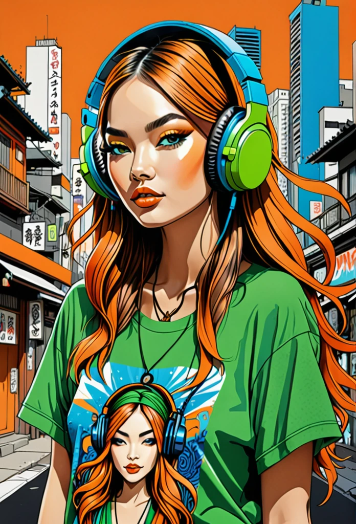 A mesmerizing hyper-realistic illustration featuring a trendy hippie girl, dressed to impress for a party. She dons a unique cartoon-themed t-shirt with bold green, blue, and orange colors, and wears oversized headphones of the same vibrant shades. The intricate pen and ink work showcases a fusion of fashion, graffiti, and typography, with a dominance of orange hues and strategic color shifts to create a dynamic visual effect. The background incorporates abstract shapes inspired by the ukiyo-e style, giving the piece a cinematic feel and making it a conceptual art masterpiece that combines various artistic influences., vibrant, illustration, graffiti, ukiyo-e