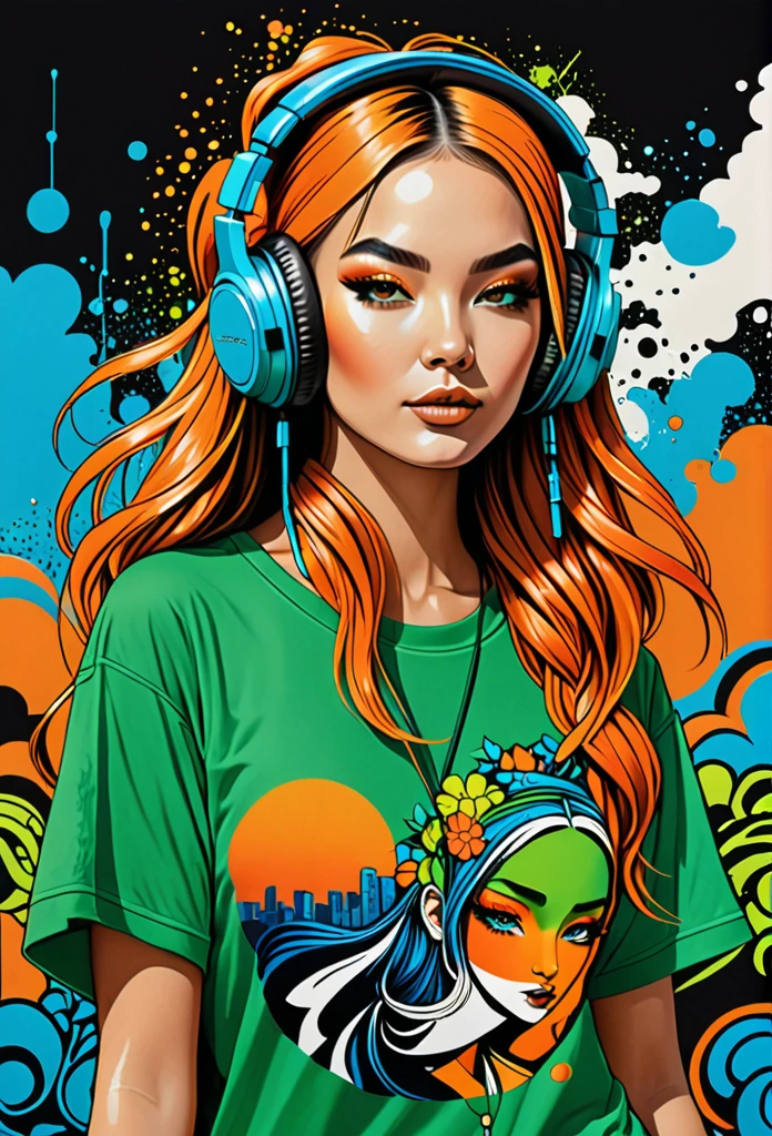 A mesmerizing hyper-realistic illustration featuring a trendy hippie girl, dressed to impress for a party. She dons a unique cartoon-themed t-shirt with bold green, blue, and orange colors, and wears oversized headphones of the same vibrant shades. The intricate pen and ink work showcases a fusion of fashion, graffiti, and typography, with a dominance of orange hues and strategic color shifts to create a dynamic visual effect. The background incorporates abstract shapes inspired by the ukiyo-e style, giving the piece a cinematic feel and making it a conceptual art masterpiece that combines various artistic influences., vibrant, illustration, graffiti, ukiyo-e