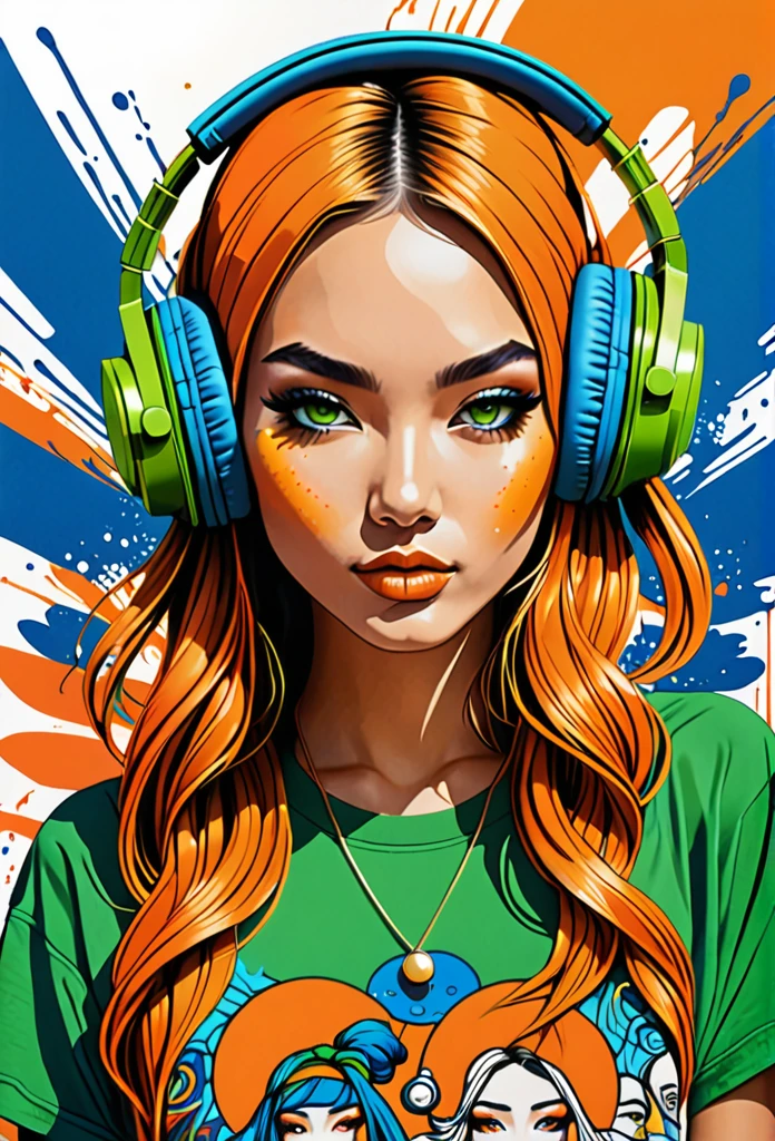 A mesmerizing hyper-realistic illustration featuring a trendy hippie girl, dressed to impress for a party. She dons a unique cartoon-themed t-shirt with bold green, blue, and orange colors, and wears oversized headphones of the same vibrant shades. The intricate pen and ink work showcases a fusion of fashion, graffiti, and typography, with a dominance of orange hues and strategic color shifts to create a dynamic visual effect. The background incorporates abstract shapes inspired by the ukiyo-e style, giving the piece a cinematic feel and making it a conceptual art masterpiece that combines various artistic influences., vibrant, illustration, graffiti, ukiyo-e