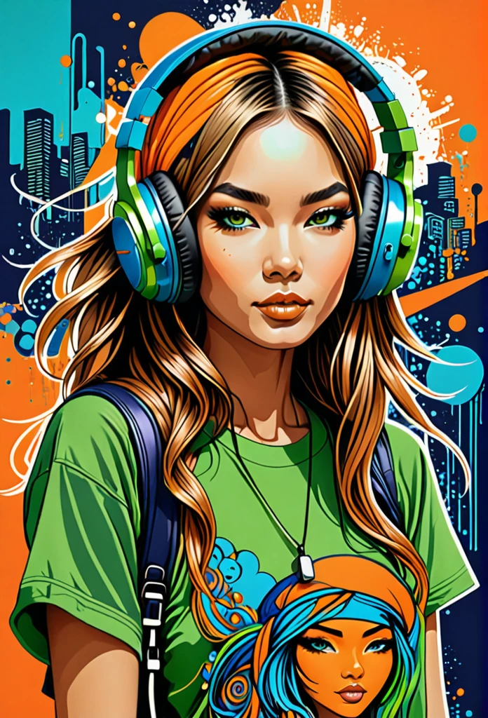 A mesmerizing hyper-realistic illustration featuring a trendy hippie girl, dressed to impress for a party. She dons a unique cartoon-themed t-shirt with bold green, blue, and orange colors, and wears oversized headphones of the same vibrant shades. The intricate pen and ink work showcases a fusion of fashion, graffiti, and typography, with a dominance of orange hues and strategic color shifts to create a dynamic visual effect. The background incorporates abstract shapes inspired by the ukiyo-e style, giving the piece a cinematic feel and making it a conceptual art masterpiece that combines various artistic influences., vibrant, illustration, graffiti, ukiyo-e
