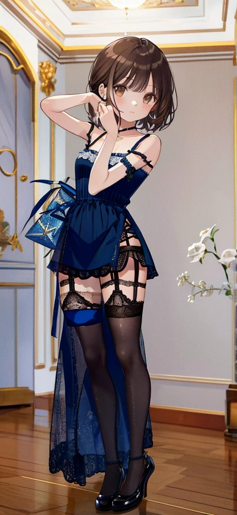 ((masterpiece)), ((best quality)), ((ultra detailed)), ((kawaii)), cute, (lovely), ((extremely detailed)), ((8K)), (beautiful), full body, luxury room, a cute girl, 1girl, solo, blue mini camisole dress,beautiful darkbrown hair, ((detailed beautiful brown eyes)), white-skinned, flat breast, tiny breast, garter belt,(garter stockings:1.4),pink eyeshadow,(standing:1.4),full body
