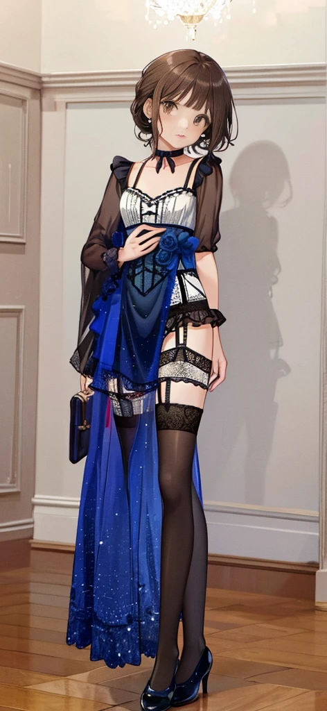 ((masterpiece)), ((best quality)), ((ultra detailed)), ((kawaii)), cute, (lovely), ((extremely detailed)), ((8K)), (beautiful), full body, luxury room, a cute girl, 1girl, solo, blue mini camisole dress,beautiful darkbrown hair, ((detailed beautiful brown eyes)), white-skinned, flat breast, tiny breast, garter belt,(garter stockings:1.4),pink eyeshadow,(standing:1.4),full body