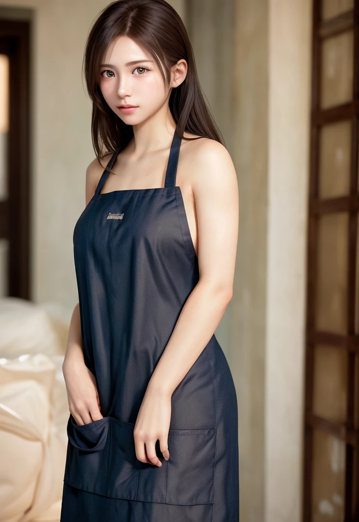 8K, of the highest quality, masutepiece:1.2), (Realistic, Photorealsitic:1.37), of the highest quality, masutepiece, Beautiful young woman, Pensive expression, Gentle eyes, Apron naked、full of shyness、Hair tied back, Messy mood, Cinematic background,  Light skin tone