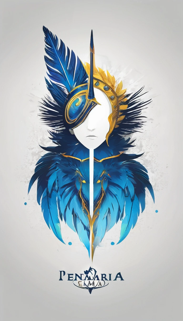 Create a minimalistic, simple, fantastic, easy to understand, logo design of two faces, one of a boy and the other of a feather for an upcoming Fantasy Role Playing Game called " Penamemoria". The game is about a world full of bird and feathers. A boy enters that world and discovers his true artistic identity. Create a logo design that transmits the essence of this videogame. It´s a fantasy game, with fantasy elements. Create the logo in the center and a fantasy theme as background. Use the colours blue, white, yellow in the logo. The logo design must convey a sense of fantasy, dreams and music. Must convey a feeling of being a true Dreamer