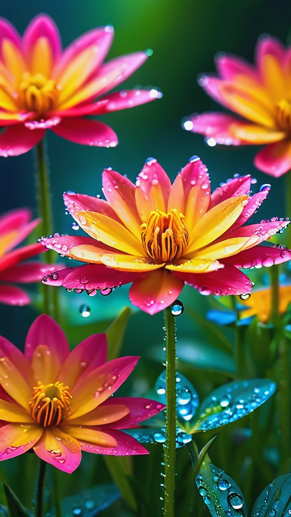 Imagine a vivid close-up, Unusual flowers, The petals spread out in vibrant colors like a kaleidoscope. Dewdrops on the surface reflect the surrounding environment, Make something small, The world reflected in each drop of water. The flowers stand out against a lush, blurry background, Tropical Garden. The scene is brought to life in a vibrant and dynamic digital art style., Inspired by the artistic vision of Luca Martel.