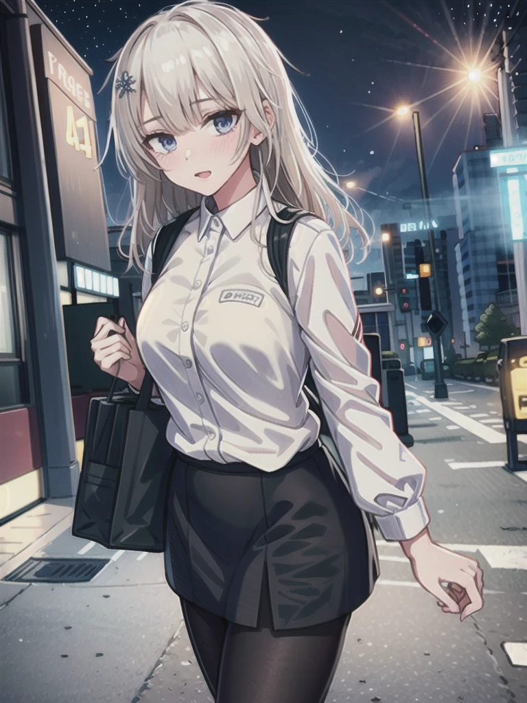1girl, solo, female, ak-74m, white shirt, standing,cowboy shot's, blue skirt, outdoor, night, 4k, bokeh, pantyhose, carying a bag, mature woman, a date, one bag