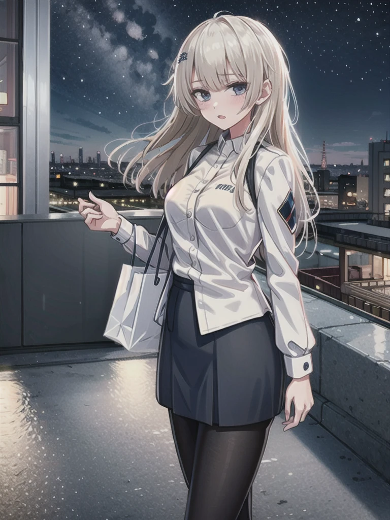 1girl, solo, female, ak-74m, white shirt, standing,cowboy shot's, blue skirt, outdoor, night, 4k, bokeh, pantyhose, carying a bag, mature woman, a date, one bag