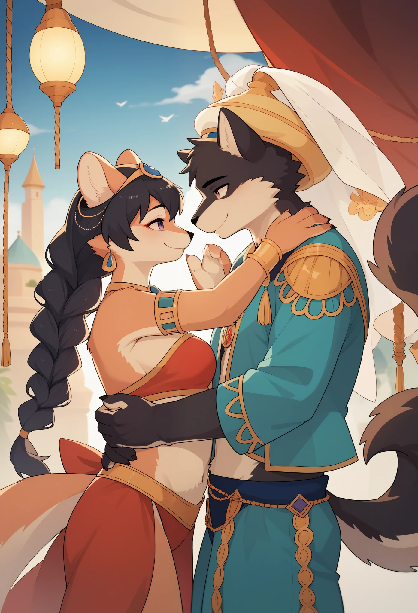 movie poster, highres, top quality, best quality, paid reward available, unparalleled masterpiece, perfect artwork, absurdres, High-quality illustrations, super high resolution, detailed background, perfect (1girl, 1boy, couple, kemono, furry anthro, fearless smile, Arab national costume, love romance)Aladdin and the magic lamp,