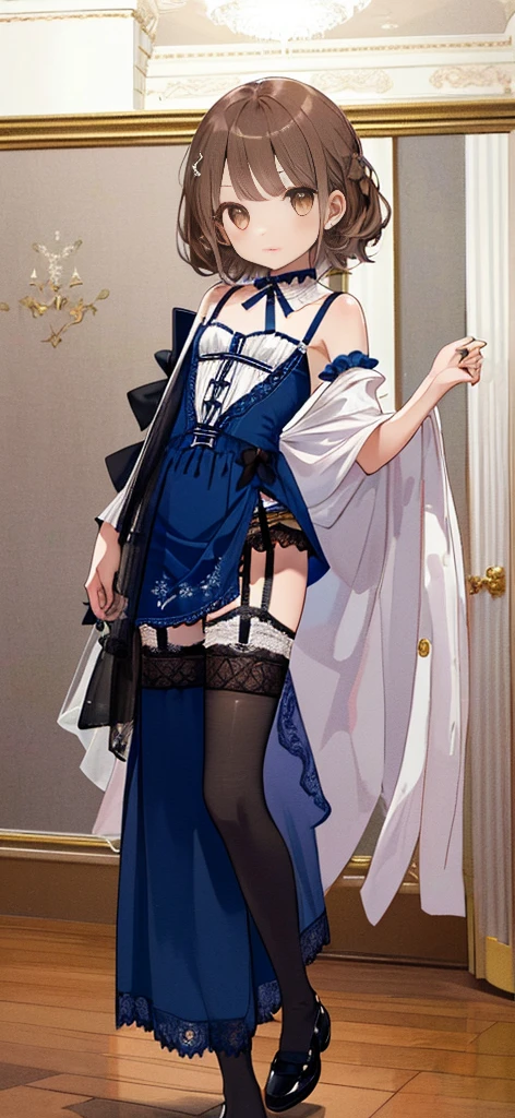 ((masterpiece)), ((best quality)), ((ultra detailed)), ((kawaii)), cute, (lovely), ((extremely detailed)), ((8K)), (beautiful), full body, luxury room, a cute girl, 1girl, solo, blue mini camisole dress,beautiful light brown hair, ((detailed beautiful brown eyes)), white-skinned, flat breast, tiny breast, garter belt,(garter stockings:1.4),pink eyeshadow