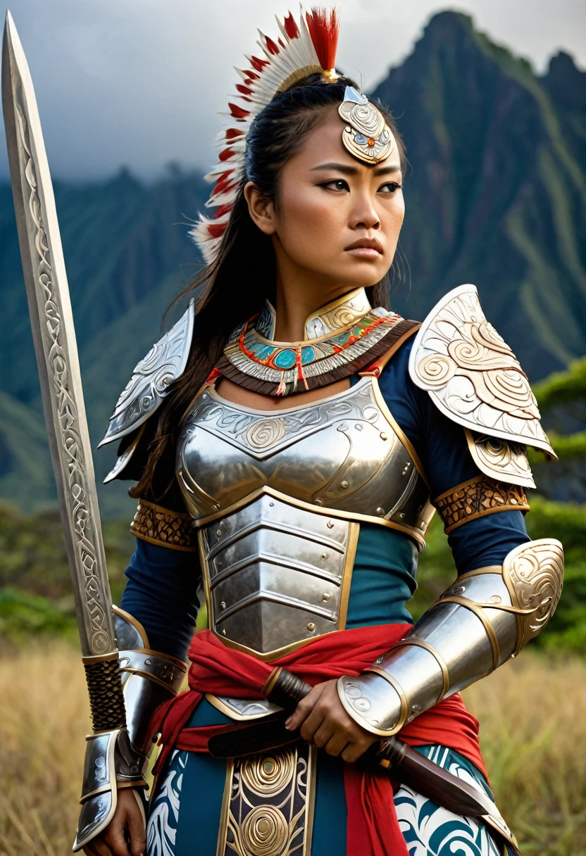 Manono's Powerful Presence: Depict Manono standing tall and proud, her posture exuding strength, confidence and determination. Emphasize her muscular physique and imposing stature to convey her formidable warrior abilities.
Intricate Armor and Weaponry: Outfit Manono in ornate, detailed armor that reflects her high status and skill. Her sword, shield or other weapons should be elaborately decorated with symbols, patterns or engravings that showcase her craftsmanship and heritage.
Dramatic Environmental Setting: Place Manono against a backdrop that heightens the drama and intensity of the scene, such as a stormy sky with ominous clouds, a rugged mountainous terrain, or a battlefield strewn with the remnants of past conflicts.
Subtle Emotional Expression: Rather than an overtly fierce expression, consider depicting Manono with a more contemplative or pensive look, as if she is reflecting on her past battles or strategizing for the next. This adds depth and complexity to her character.
Unique Cultural Influences: Incorporate visual elements that tie Manono to her cultural roots, such as traditional Polynesian or Hawaiian motifs in her armor, weaponry or surroundings. This helps establish her as a distinct, one-of-a-kind warrior figure.
By combining these elements - Manono's powerful presence, intricate armor and weaponry, dramatic environmental setting, subtle emotional expression, and unique cultural influences - you can create a visually striking and memorable image that truly captures the essence of this legendary female warrior.