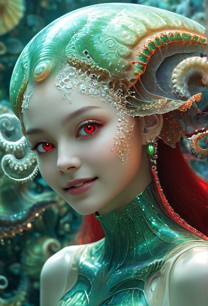 (Portrait of a beautiful yet frightening female alien ager:1.4), ((There is a female genital-like organ in the middle of the forehead.:1.8)), (realistic face:1.2), Super realistic clear skin, she is very sleepy, (Number of award-winning masterpieces々, incredibly detailed, Texture and maximum detail), midnight aura, unreal engine 5, super sharp focus, midnight aura, unreal engine 5, super sharp focus, (art by Amano Yoshitaka:1.5), art germ, Reusch, intricate artwork, ultra realistic realism, High resolution, High freshness, draw faithfully, official art, Unity 8k wallpaper, Super detailed artistic photography, dream-like, fantasy creation, dream snail, (biopunk nautilus:1.3),thrilling color scheme, amazing mutation, well-proportioned body, goddess of the deep sea, fractal, Geometric pattern, impossible numberany transparent white tentacles with luminescent organs:1.4), Subtle emerald green accents, (smile seductively:1.3),(she has the most beautiful face in the history of the universe:1.5), (She looks down at the viewer with glowing red eyes without pupils:1.3), an evil gaze that seduces, cinematic lighting, (no makeup:1.3), (From the gap between your cute lips、Long canine teeth peek out like a vampire:1.5), in the palace hall, A sweet sigh leaks from your beautiful lips, ecstatic expression, She has countless hair-like translucent tentacles on her head.fractal,blingbling