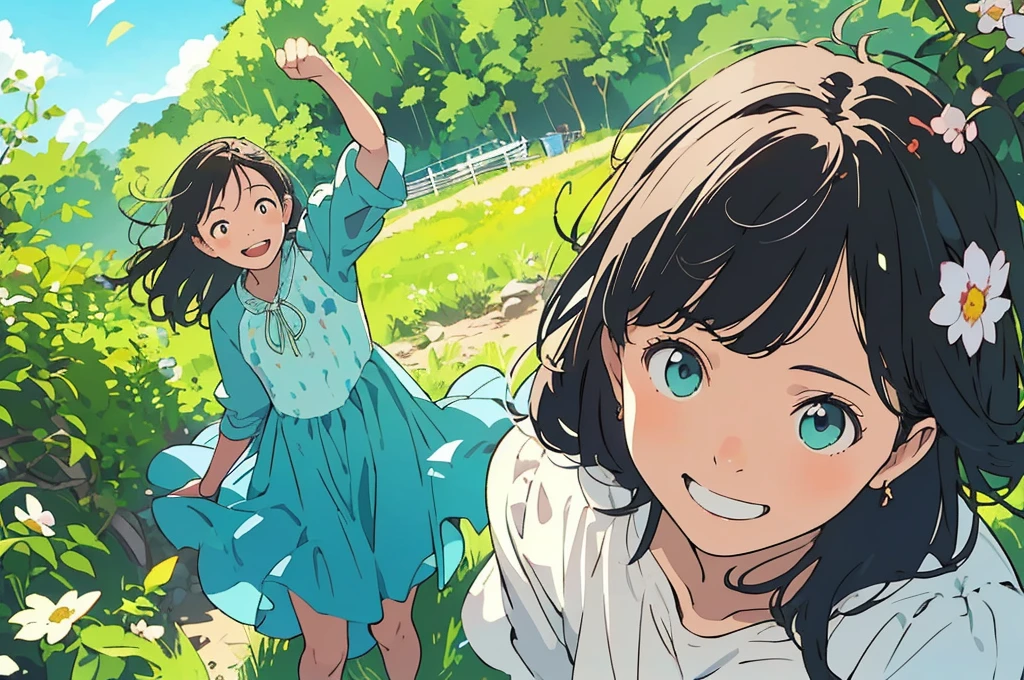 reasonable design, Clear lines, High Sharpness, (highest quality,8K,Perfect sharpness,Ultra fine,High resolution,masterpiece:1.2), Perfect Anatomy:1.5, Official Art, Illustrations that tell a story, (Whitish background:0. 9)、Body Positivity、More Mr.Physical expression、(Random and mischievous poses)、Perfect beauty、Perfect beautiful face、Strong winds、A rich expression、Dynamic composition、smile、Golden ratio composition、colorful、(Mr.Different angles and perspectives)、anime art、mini skirt、(Overcoming stereotypes)、 Glowing Skin、(Natural beauty)、smile、bangs、Straight Hair、(Soft and flowing hair)、(Rural Scenery)、(Nostalgic atmosphere)、Insert up to the thighs、(Playful and carefree)、(More Mr.Ethnic characters)、(innocent attitude)、(Sunny atmosphere)、Skirt flipped up、(Bright colors)、Belly button exposed、Beautiful Eyes、A skirt fluttering in the wind、Put it in to your feet、Some composition patterns、sensuous、Geometric pattern、emotional、Symposium cover、