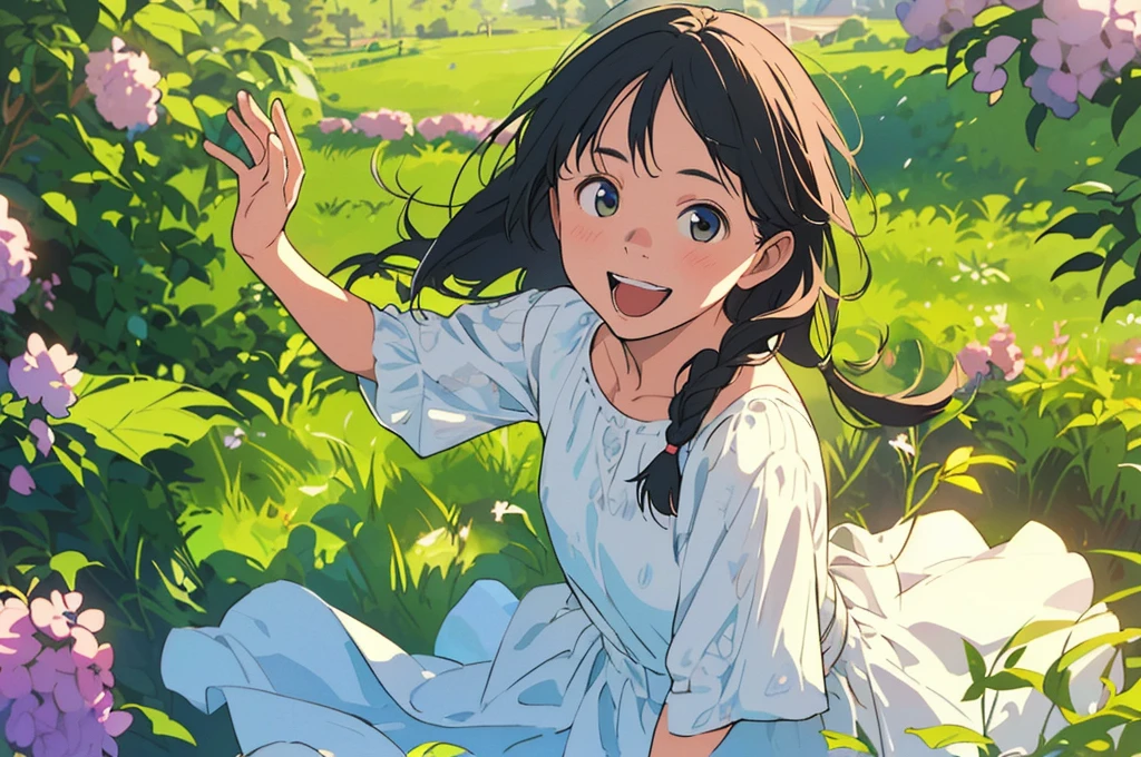 Reasonable design, Clear lines, High Sharpness, (Highest quality,8K,Perfect sharpness,Ultra fine,High resolution,masterpiece:1.2), Perfect Anatomy:1.5, Official Art, Illustrations that tell a story, (Whitish background:0. 9)、Body Positivity、多Mr.な身体表現、(Random and energetic poses)、Perfect beauty、Perfect beautiful face、Strong winds、A rich expression、Dynamic composition、smile、Golden ratio composition、colorful、((Mr.々Different angles and perspectives))、Anime Art、(Mini dress)、(Overcoming stereotypes)、 Glowing Skin、(Natural beauty)、smile、Bangs、(Soft and flowing hair)、(countryside)、(Nostalgic atmosphere)、Put up to your feet、(Playful and carefree)、(多Mr.な民族のキャラクター)、(innocent attitude)、(Sunny atmosphere)、(The skirt flutters wildly in the wind)、(Bright colors)、Beautiful Eyes、(Embarrassing)、Braided Hair、Summer Scene、Smiling among flowers、Angle from above、