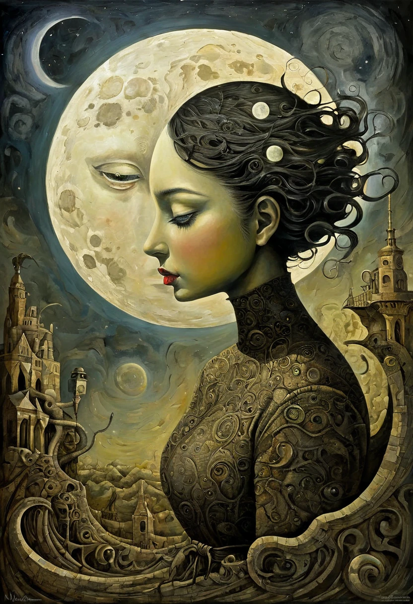 the moon, Artwork inspired by Dave Mckean, intricate details, oil painted, surreal bizarre, cubism, high quality 