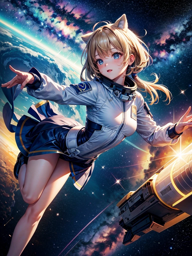 Sexy anime girl in  doll, full body, jumping, euphoric, rocket in background