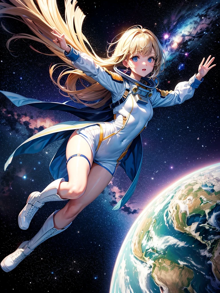 Highest quality,Highest Resolution,A beautiful android girl flying in space,Earth in the background,