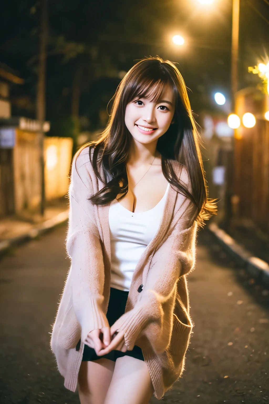 best quality ,masterpiece,ultra high res, very beautiful, kawaii, (photo realistic:1.4), 1girl, Japanese, above the knee, long hair, brown hair, looking at viewer, cleavage, smiling, wearing cardigan, outdoors, Cinematic, 35mm lens, f/ 1. 8, accent lighting, 8k,
