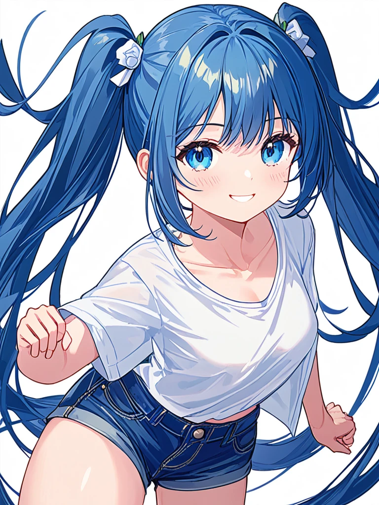 whole body, (female): 1girl, (solo), (perfect face), (detailed outfit), (***********), beautiful female, smile (happy), blue hair, long hair, twintails hair, blue eyes, (white shirt, denim short pants), (white background), (masterpiece:1.4), (best quality), (highres) 