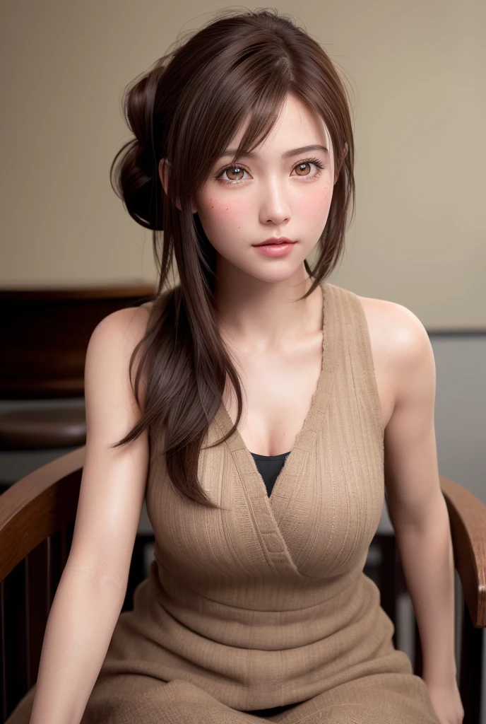 8K,Best Quality, masutepiece, 超A high resolution, (Photorealistic:1.4), Raw photo, (Authentic skin texture:1.3), (Film grain:1.3), (Selfie angle),1girl in, Bun hairstyle, Brown hair, Sitting, Chair, bored, Hand supporting chin, beautiful detailed eyes and face,masutepiece, Best Quality,close-up,upper bod,